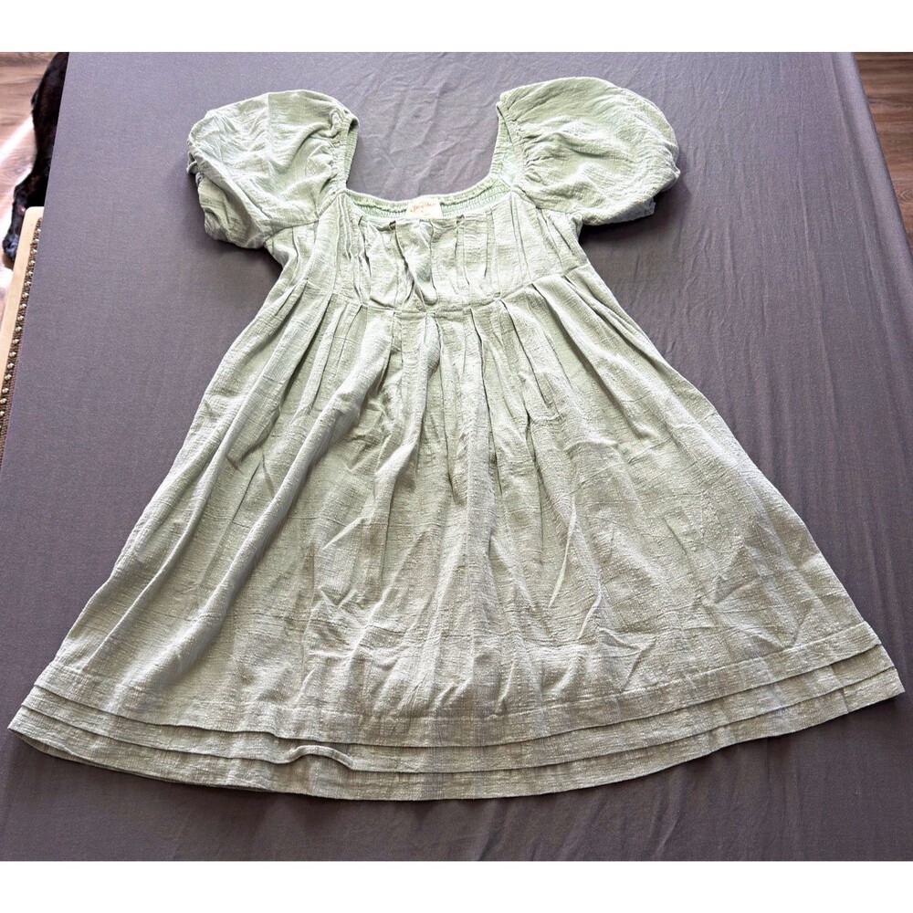 AllieRose Women's Small Green Solid Cotton A-Line Knee Dress Square Neck Puff